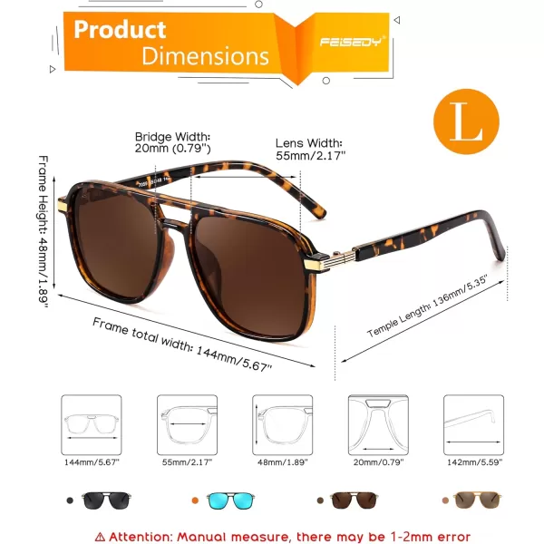 FEISEDY Retro Polarized Aviator Sunglasses Womens Men 70s Vintage Square Aviators Shades B9134Leopard TempleBrown Lens