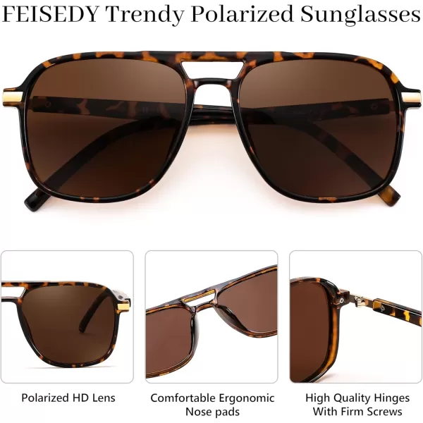FEISEDY Retro Polarized Aviator Sunglasses Womens Men 70s Vintage Square Aviators Shades B9134Leopard TempleBrown Lens