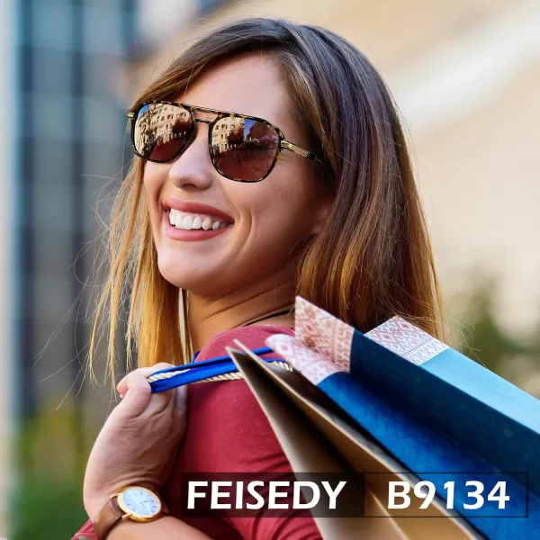 FEISEDY Retro Polarized Aviator Sunglasses Womens Men 70s Vintage Square Aviators Shades B9134Leopard TempleBrown Lens