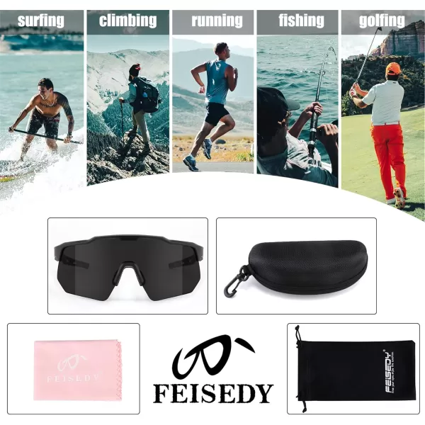 FEISEDY Sports Sunglasses Cycling Glasses for Men and WomenUV400 Protection Glasses for Baseball Fishing Golf B0069Black Frame  Grey Lens