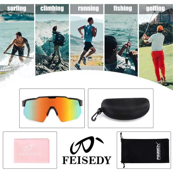 FEISEDY Sports Sunglasses Cycling Glasses for Men and WomenUV400 Protection Glasses for Baseball Fishing Golf B0069Black Frame  Red Mirror Lens