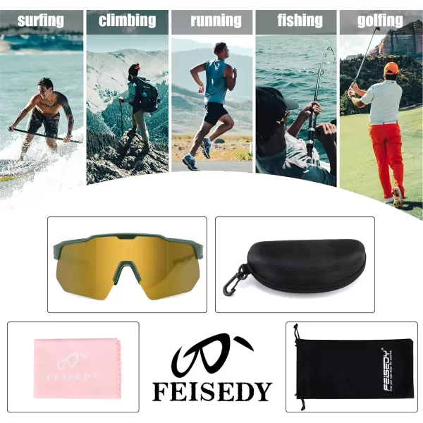 FEISEDY Sports Sunglasses Cycling Glasses for Men and WomenUV400 Protection Glasses for Baseball Fishing Golf B0069Green Frame  Gold Mirror Lens
