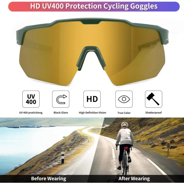 FEISEDY Sports Sunglasses Cycling Glasses for Men and WomenUV400 Protection Glasses for Baseball Fishing Golf B0069Green Frame  Gold Mirror Lens