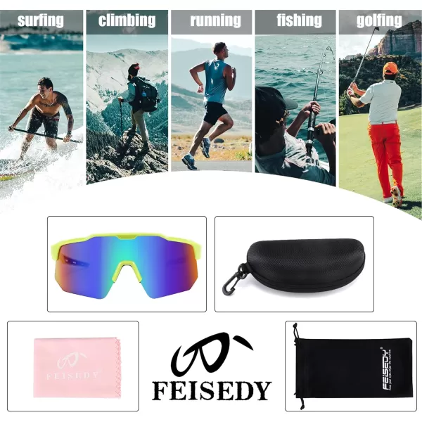 FEISEDY Sports Sunglasses Cycling Glasses for Men and WomenUV400 Protection Glasses for Baseball Fishing Golf B0069Green Frame  Green Mirror Lens