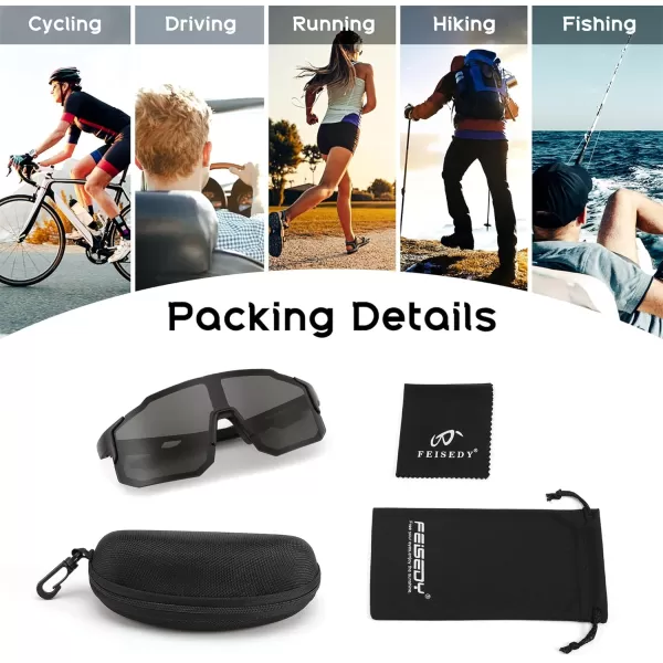 FEISEDY Sports Sunglasses Mens Women Baseball Sunglasses Biking Cycling Sunglasses for Teens UV400 Protection B2388001black Black