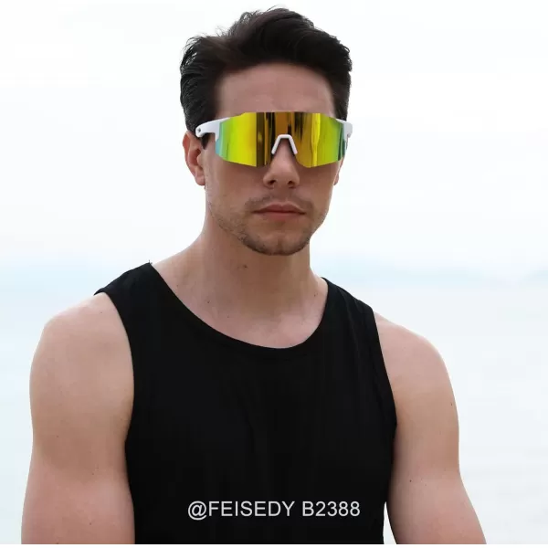 FEISEDY Sports Sunglasses Mens Women Baseball Sunglasses Biking Cycling Sunglasses for Teens UV400 Protection B2388002white Glod