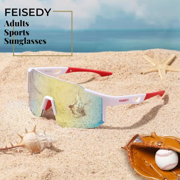 FEISEDY Sports Sunglasses Mens Women Baseball Sunglasses Biking Cycling Sunglasses for Teens UV400 Protection B2388002white Glod