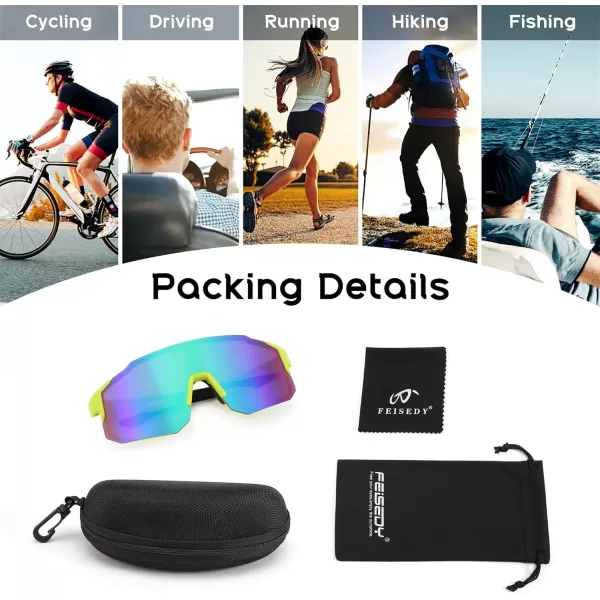 FEISEDY Sports Sunglasses Mens Women Baseball Sunglasses Biking Cycling Sunglasses for Teens UV400 Protection B2388004fluorescence Green