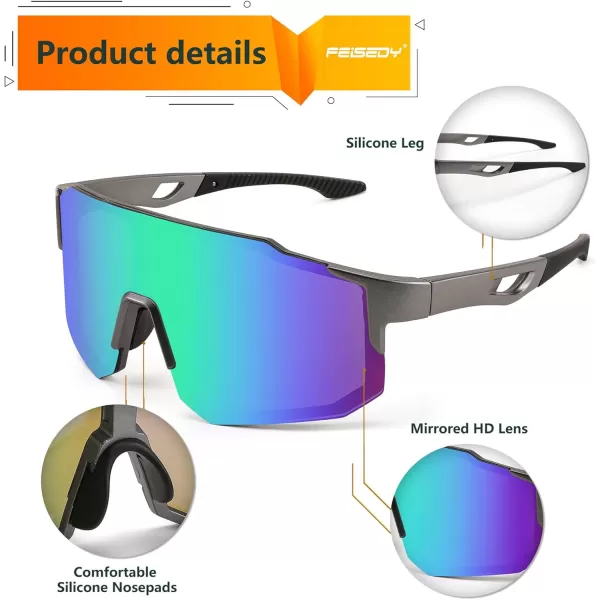 FEISEDY Sports Sunglasses Mens Women Baseball Sunglasses Biking Cycling Sunglasses for Teens UV400 Protection B2388006gun Grey