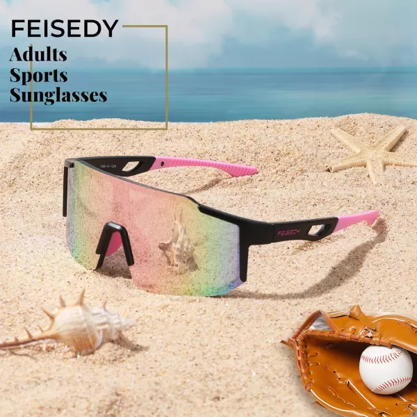FEISEDY Sports Sunglasses Mens Women Baseball Sunglasses Biking Cycling Sunglasses for Teens UV400 Protection B2388008black Pink
