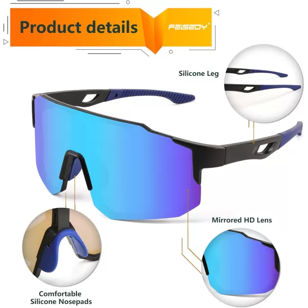 FEISEDY Sports Sunglasses Mens Women Baseball Sunglasses Biking Cycling Sunglasses for Teens UV400 Protection B2388009black