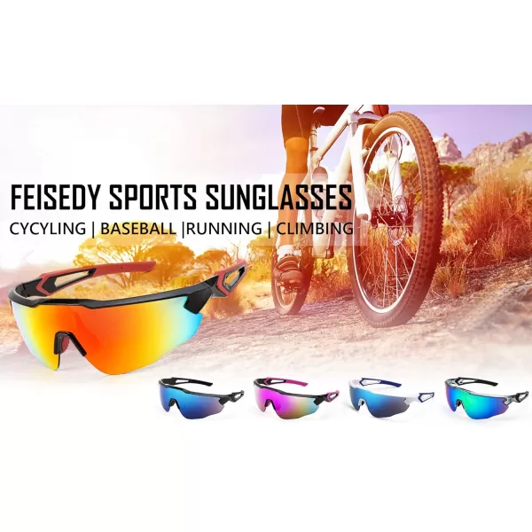 FEISEDY Sports Sunglasses with 5 Lenses for Men Women TR90 Lightweight Baseball Cycling Motorcycle Running Golf B2940Black Frame  Blue Mirror Lens