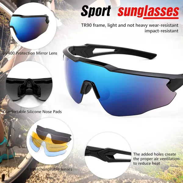 FEISEDY Sports Sunglasses with 5 Lenses for Men Women TR90 Lightweight Baseball Cycling Motorcycle Running Golf B2940Black Frame  Blue Mirror Lens