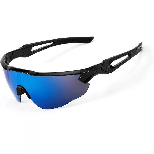FEISEDY Sports Sunglasses with 5 Lenses for Men Women TR90 Lightweight Baseball Cycling Motorcycle Running Golf B2940Black Frame  Blue Mirror Lens