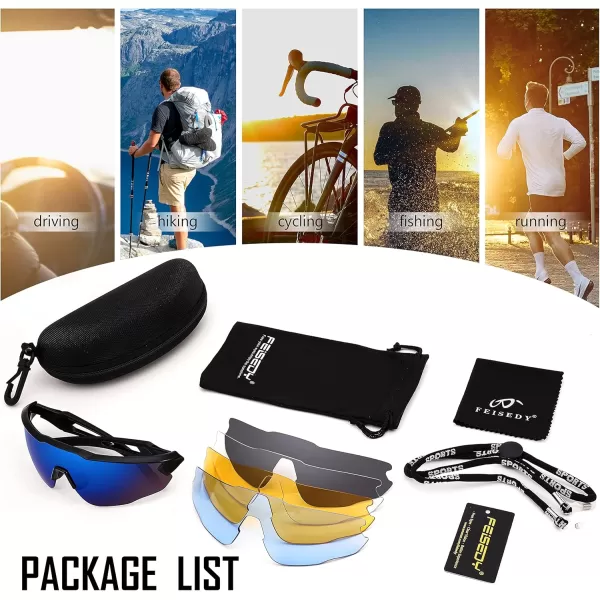 FEISEDY Sports Sunglasses with 5 Lenses for Men Women TR90 Lightweight Baseball Cycling Motorcycle Running Golf B2940Black Frame  Blue Mirror Lens