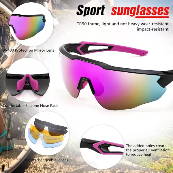 FEISEDY Sports Sunglasses with 5 Lenses for Men Women TR90 Lightweight Baseball Cycling Motorcycle Running Golf B2940Black Frame  Purple Mirror Lens