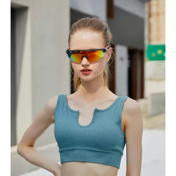 FEISEDY Sports Sunglasses with 5 Lenses for Men Women TR90 Lightweight Baseball Cycling Motorcycle Running Golf B2940Black Frame  Red Mirror Lens