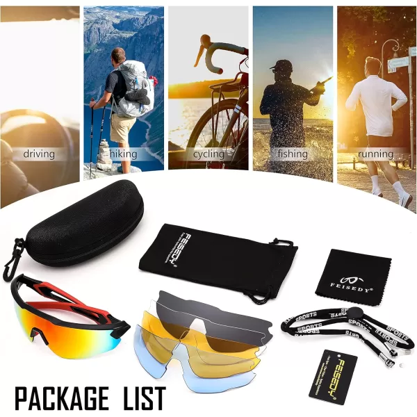 FEISEDY Sports Sunglasses with 5 Lenses for Men Women TR90 Lightweight Baseball Cycling Motorcycle Running Golf B2940Black Frame  Red Mirror Lens