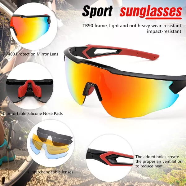 FEISEDY Sports Sunglasses with 5 Lenses for Men Women TR90 Lightweight Baseball Cycling Motorcycle Running Golf B2940Black Frame  Red Mirror Lens