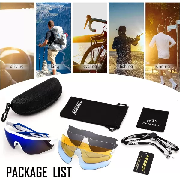 FEISEDY Sports Sunglasses with 5 Lenses for Men Women TR90 Lightweight Baseball Cycling Motorcycle Running Golf B2940White Frame  Blue Mirror Lens