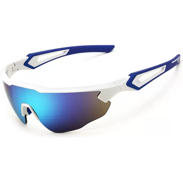 FEISEDY Sports Sunglasses with 5 Lenses for Men Women TR90 Lightweight Baseball Cycling Motorcycle Running Golf B2940White Frame  Blue Mirror Lens