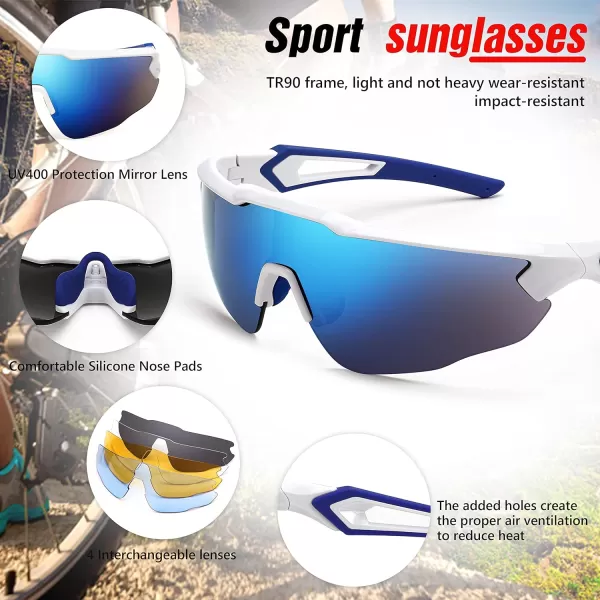 FEISEDY Sports Sunglasses with 5 Lenses for Men Women TR90 Lightweight Baseball Cycling Motorcycle Running Golf B2940White Frame  Blue Mirror Lens