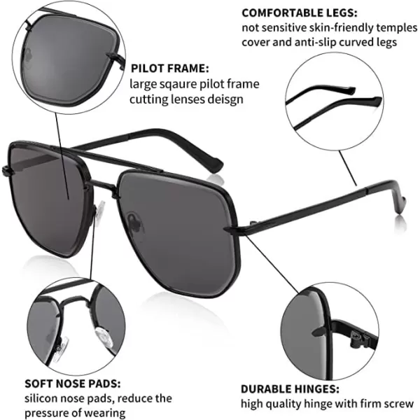 FEISEDY Sunglasses Aviator Men Women 70s Sun Glasses Square Frame UV400 Protection B2953001 Black Frame  Grey Lens