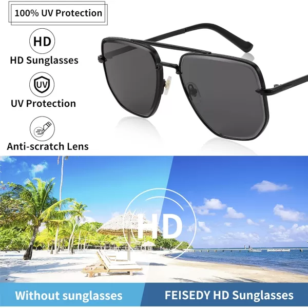 FEISEDY Sunglasses Aviator Men Women 70s Sun Glasses Square Frame UV400 Protection B2953001 Black Frame  Grey Lens