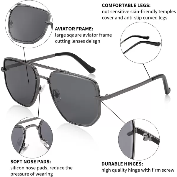 FEISEDY Sunglasses Aviator Men Women 70s Sun Glasses Square Frame UV400 Protection B2953002 Grey Frame  Grey Lens