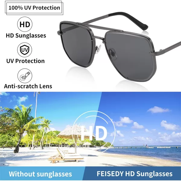 FEISEDY Sunglasses Aviator Men Women 70s Sun Glasses Square Frame UV400 Protection B2953002 Grey Frame  Grey Lens