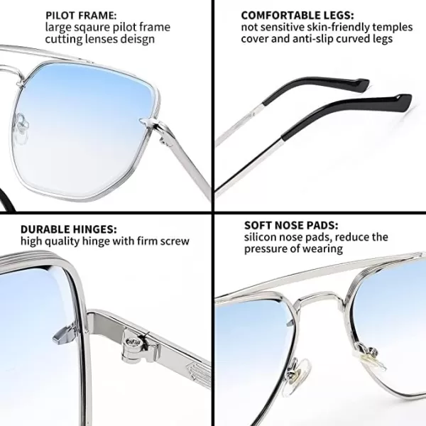 FEISEDY Sunglasses Aviator Men Women 70s Sun Glasses Square Frame UV400 Protection B2953003 Silver Frame  Gradient Blue Lens