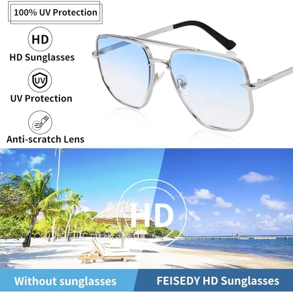FEISEDY Sunglasses Aviator Men Women 70s Sun Glasses Square Frame UV400 Protection B2953003 Silver Frame  Gradient Blue Lens