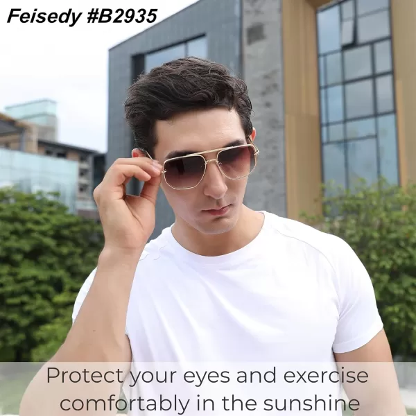 FEISEDY Sunglasses Aviator Men Women 70s Sun Glasses Square Frame UV400 Protection B2953004 Gold Frame  Gradient Tea Lens