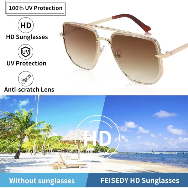 FEISEDY Sunglasses Aviator Men Women 70s Sun Glasses Square Frame UV400 Protection B2953004 Gold Frame  Gradient Tea Lens