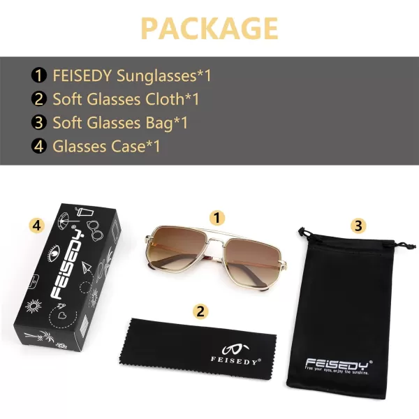 FEISEDY Sunglasses Aviator Men Women 70s Sun Glasses Square Frame UV400 Protection B2953004 Gold Frame  Gradient Tea Lens