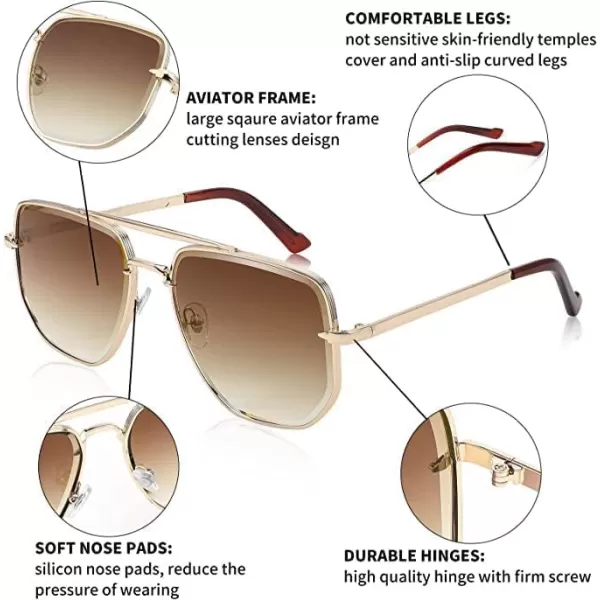 FEISEDY Sunglasses Aviator Men Women 70s Sun Glasses Square Frame UV400 Protection B2953004 Gold Frame  Gradient Tea Lens
