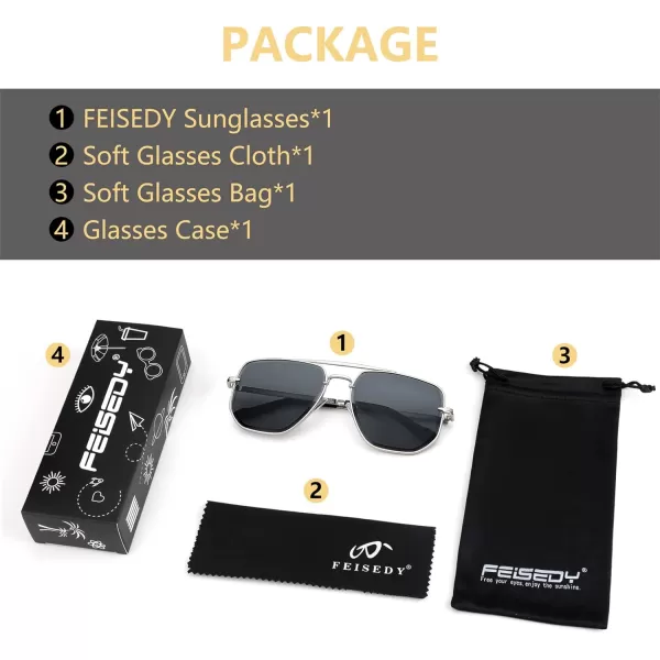 FEISEDY Sunglasses Aviator Men Women 70s Sun Glasses Square Frame UV400 Protection B2953005 Silver Frame  Grey Lens
