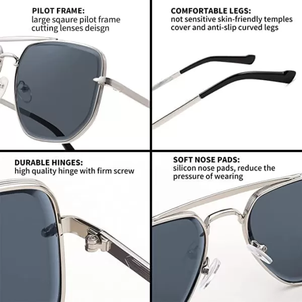 FEISEDY Sunglasses Aviator Men Women 70s Sun Glasses Square Frame UV400 Protection B2953005 Silver Frame  Grey Lens