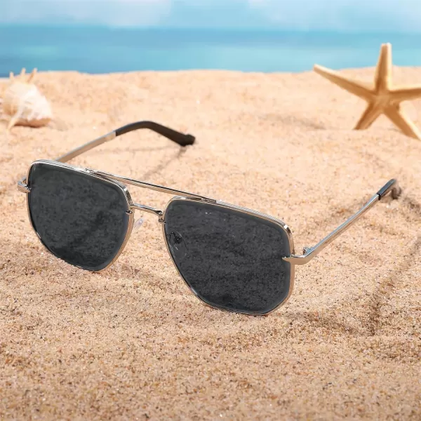 FEISEDY Sunglasses Aviator Men Women 70s Sun Glasses Square Frame UV400 Protection B2953005 Silver Frame  Grey Lens