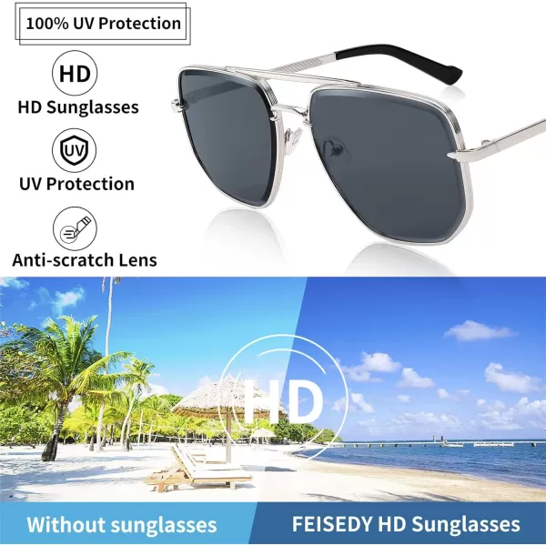 FEISEDY Sunglasses Aviator Men Women 70s Sun Glasses Square Frame UV400 Protection B2953005 Silver Frame  Grey Lens