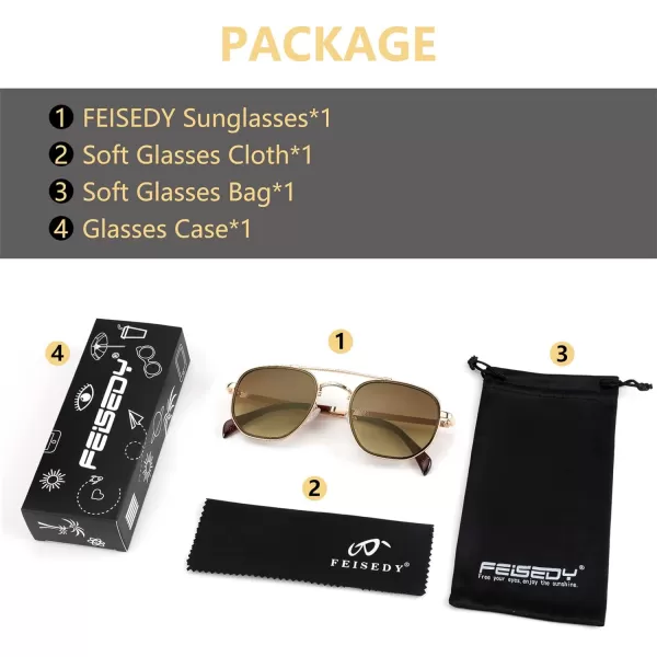 FEISEDY Sunglasses Aviator Men Women 70s Sun Glasses Square Frame UV400 Protection B2953Golden Frame  Brown Gradient Lens