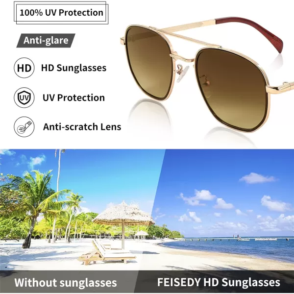 FEISEDY Sunglasses Aviator Men Women 70s Sun Glasses Square Frame UV400 Protection B2953Golden Frame  Brown Gradient Lens