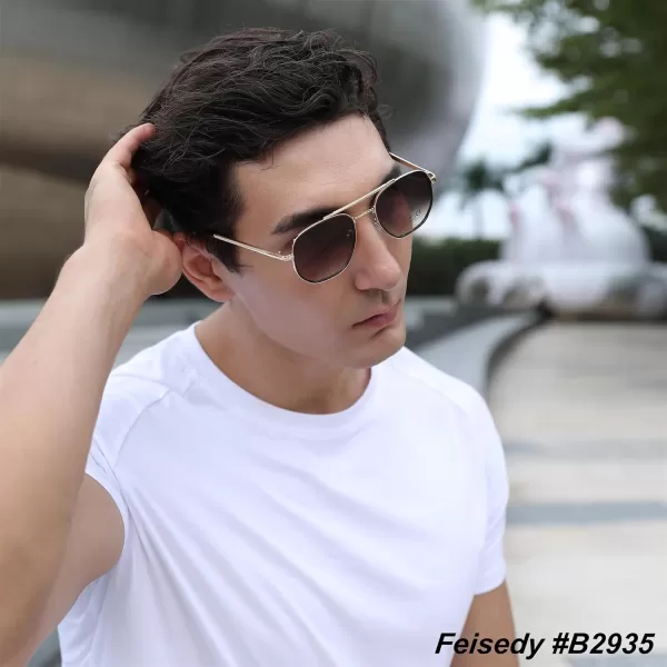 FEISEDY Sunglasses Aviator Men Women 70s Sun Glasses Square Frame UV400 Protection B2953Golden Frame  Brown Gradient Lens