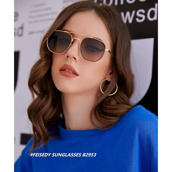FEISEDY Sunglasses Aviator Men Women 70s Sun Glasses Square Frame UV400 Protection B2953Golden Frame  Brown Gradient Lens