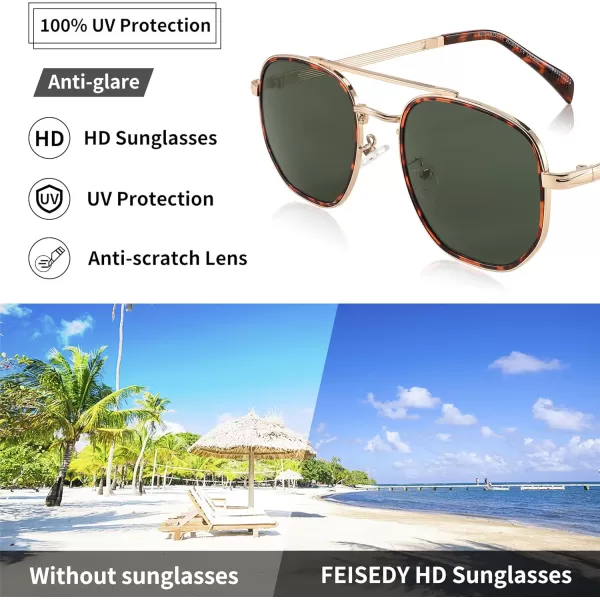 FEISEDY Sunglasses Aviator Men Women 70s Sun Glasses Square Frame UV400 Protection B2953Golden Frame  Green Lens