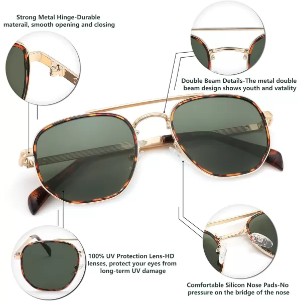 FEISEDY Sunglasses Aviator Men Women 70s Sun Glasses Square Frame UV400 Protection B2953Golden Frame  Green Lens