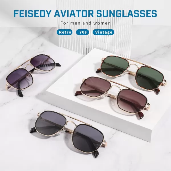 FEISEDY Sunglasses Aviator Men Women 70s Sun Glasses Square Frame UV400 Protection B2953Golden Frame  Green Lens