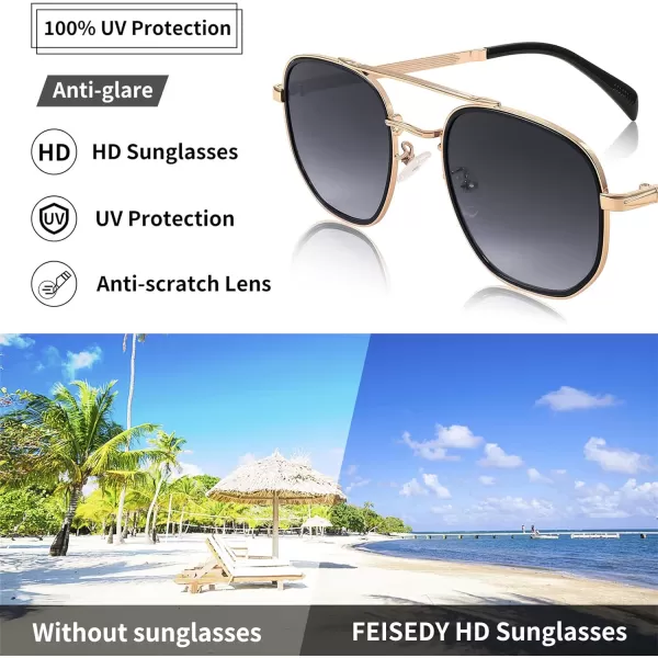 FEISEDY Sunglasses Aviator Men Women 70s Sun Glasses Square Frame UV400 Protection B2953Golden Frame  Grey Gradient Lens