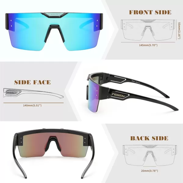 FEISEDY Sunglasses Men Women Big Oversized Square FrameUV400 Mirrored Sun Glasses Cycling Driving Fishing Hiking B0064Black Frame Blue Mirror Lenses