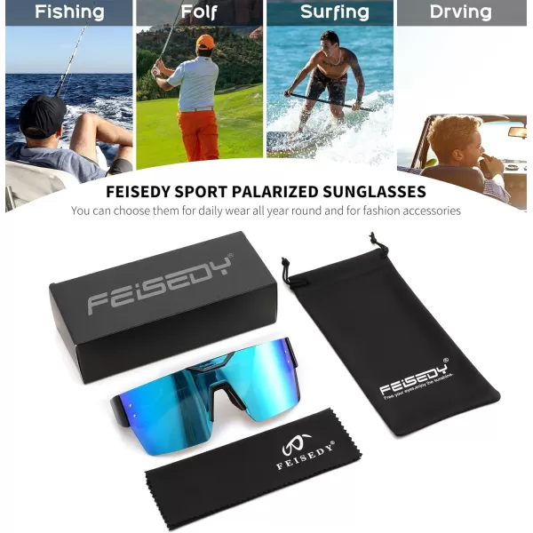 FEISEDY Sunglasses Men Women Big Oversized Square FrameUV400 Mirrored Sun Glasses Cycling Driving Fishing Hiking B0064Black Frame Blue Mirror Lenses